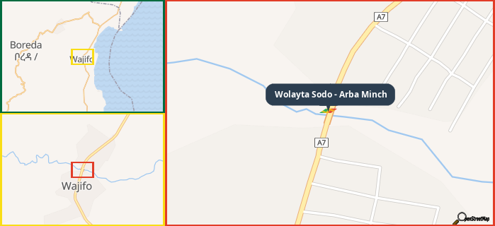 Map showing the address of Wolayta Sodo - Arba Minch in three different zoom levels.