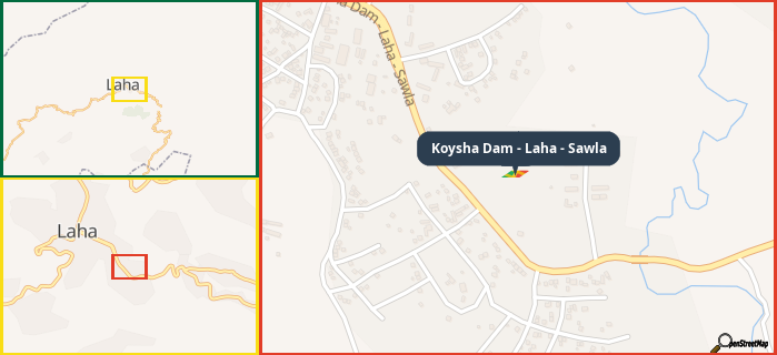Map showing the address of Koysha Dam - Laha - Sawla in three different zoom levels.