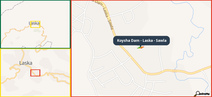 Map showing the address of Koysha Dam - Laska - Sawla in three different zoom levels.