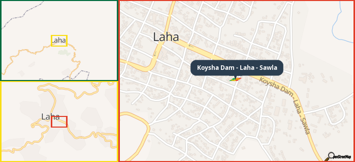 Map showing the address of Koysha Dam - Laha - Sawla in three different zoom levels.
