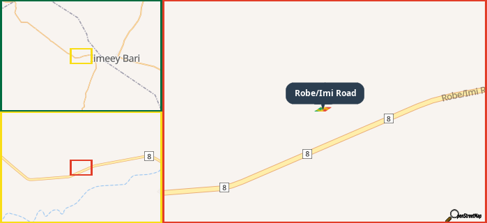 Map showing the address of Robe/Imi Road in three different zoom levels.