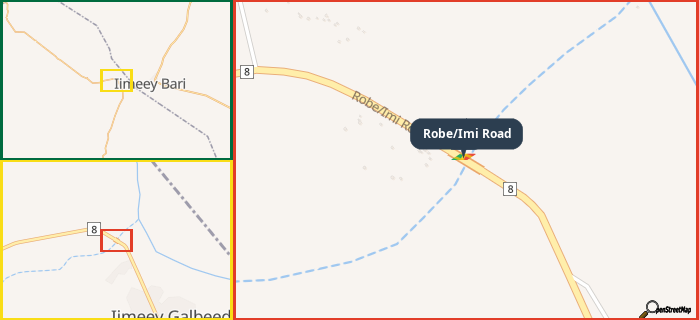 Map showing the address of Robe/Imi Road in three different zoom levels.