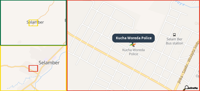 Map showing the address of Kucha Woreda Police in three different zoom levels.