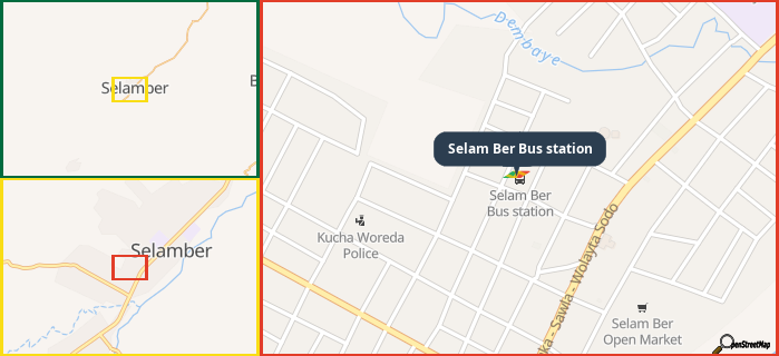 Map showing the address of Selam Ber Bus station in three different zoom levels.