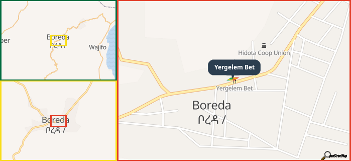 Map showing the address of Yergelem Bet in three different zoom levels.