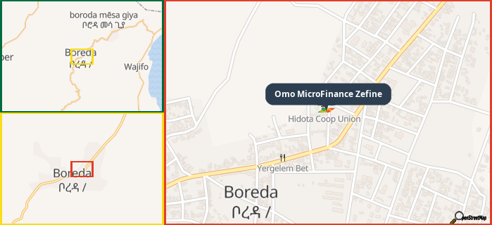 Map showing the address of Omo MicroFinance Zefine in three different zoom levels.
