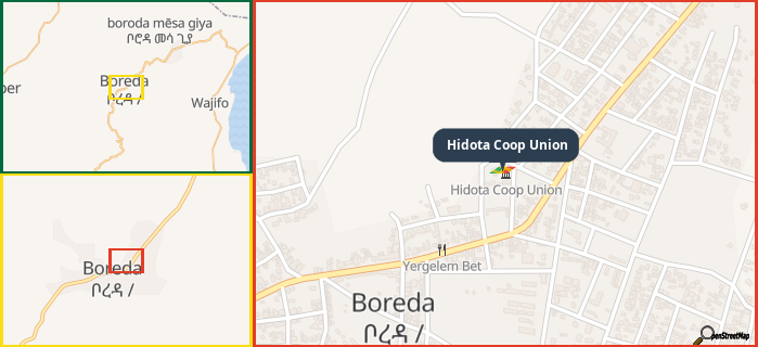 Map showing the address of Hidota Coop Union in three different zoom levels.