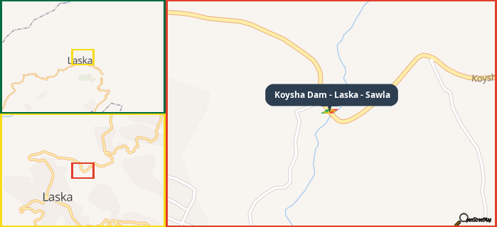 Map showing the address of Koysha Dam - Laska - Sawla in three different zoom levels.