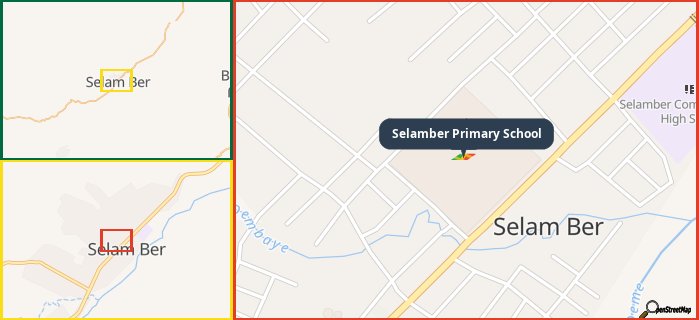 Map showing the address of Selamber Primary School in three different zoom levels.