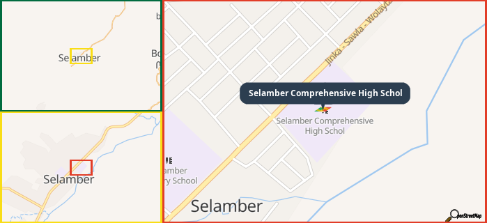 Map showing the address of Selamber Comprehensive High Schol in three different zoom levels.