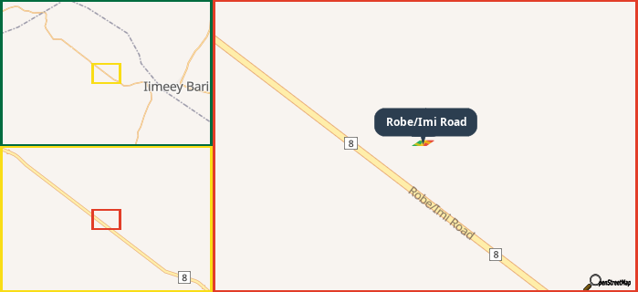 Map showing the address of Robe/Imi Road in three different zoom levels.