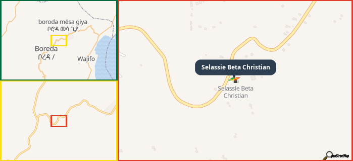 Map showing the address of Selassie Beta Christian in three different zoom levels.