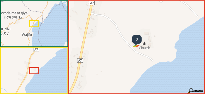 Map showing the address of 3 in three different zoom levels.