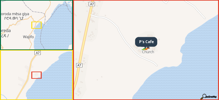 Map showing the address of P's Cafe in three different zoom levels.