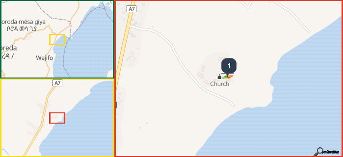 Map showing the address of 1 in three different zoom levels.