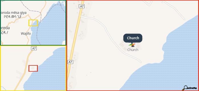 Map showing the address of Church in three different zoom levels.