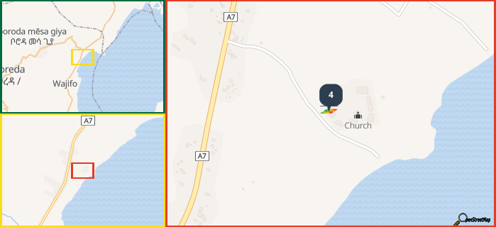 Map showing the address of 4 in three different zoom levels.