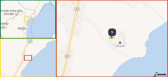 Map showing the address of 5 in three different zoom levels.