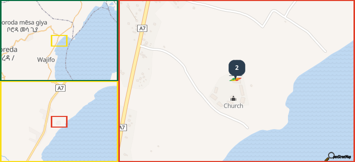 Map showing the address of 2 in three different zoom levels.