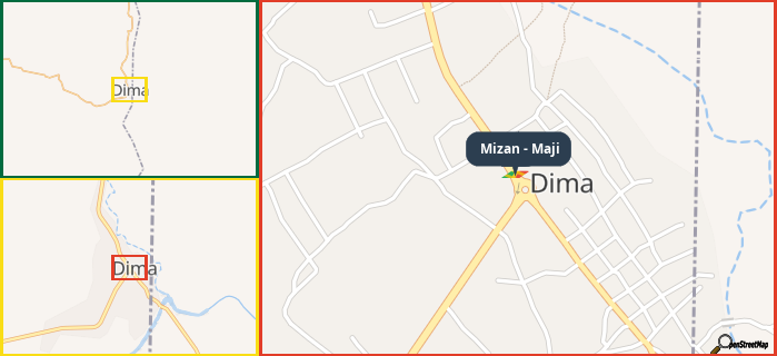 Map showing the address of Mizan - Maji in three different zoom levels.