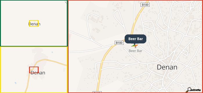 Map showing the address of Beer Bar in three different zoom levels.