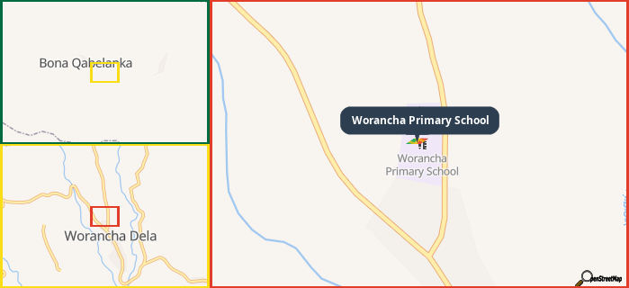 Map showing the address of Worancha Primary School in three different zoom levels.
