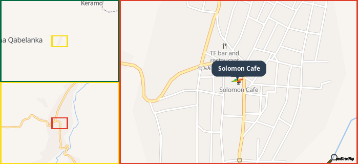 Map showing the address of Solomon Cafe in three different zoom levels.