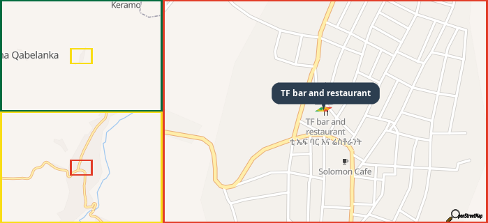 Map showing the address of TF bar and restaurant in three different zoom levels.