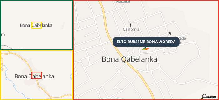 Map showing the address of ELTO BURSEME BONA WOREDA in three different zoom levels.