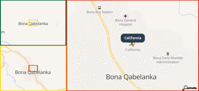 Map showing the address of California in three different zoom levels.