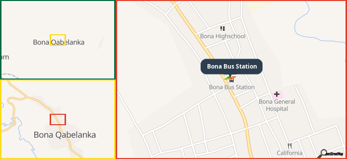 Map showing the address of Bona Bus Station in three different zoom levels.