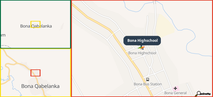 Map showing the address of Bona Highschool in three different zoom levels.