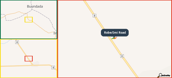 Map showing the address of Robe/Imi Road in three different zoom levels.