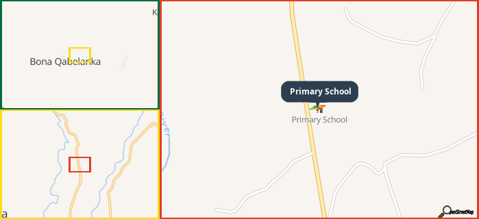 Map showing the address of Primary School in three different zoom levels.