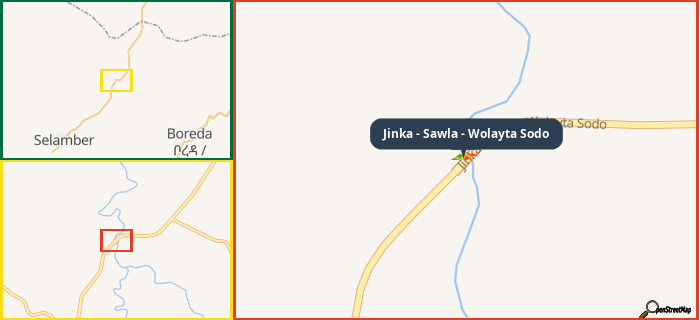 Map showing the address of Jinka - Sawla - Wolayta Sodo in three different zoom levels.