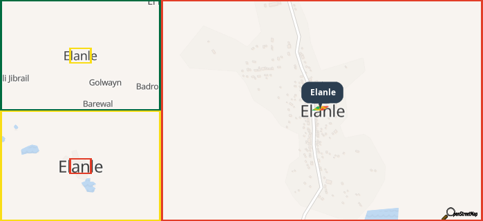 Map showing the address of Elanle in three different zoom levels.