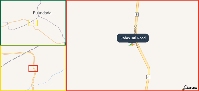 Map showing the address of Robe/Imi Road in three different zoom levels.