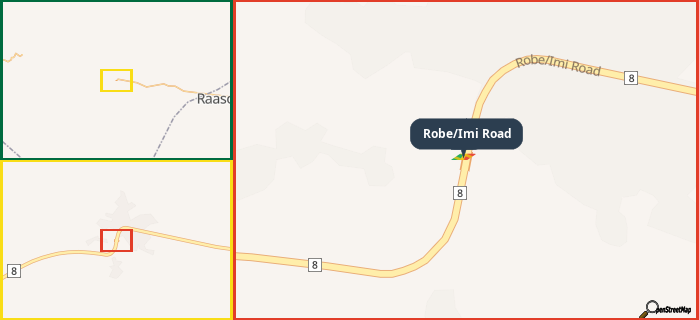 Map showing the address of Robe/Imi Road in three different zoom levels.