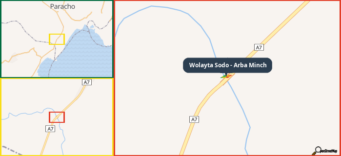 Map showing the address of Wolayta Sodo - Arba Minch in three different zoom levels.
