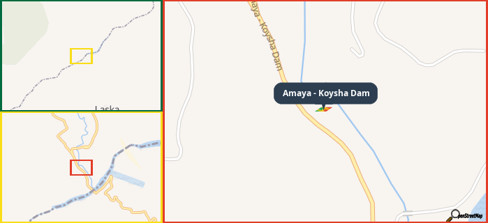 Map showing the address of Amaya - Koysha Dam in three different zoom levels.
