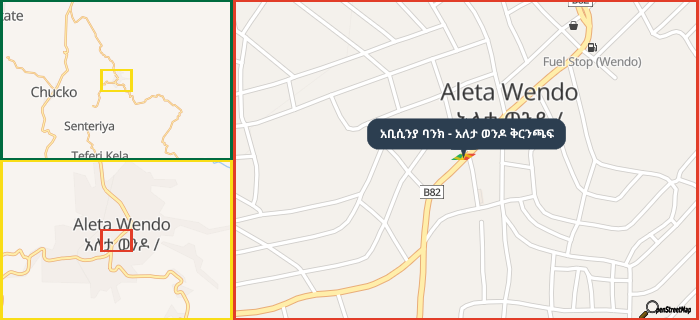 Map showing the address of አቢሲንያ ባንክ - አለታ ወንዶ ቅርንጫፍ in three different zoom levels.