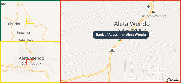 Map showing the address of Bank of Abyssinia - Aleta Wendo in three different zoom levels.