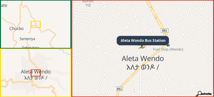 Map showing the address of Aleta Wondo Bus Station in three different zoom levels.