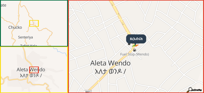 Map showing the address of ዘረአብሩክ in three different zoom levels.