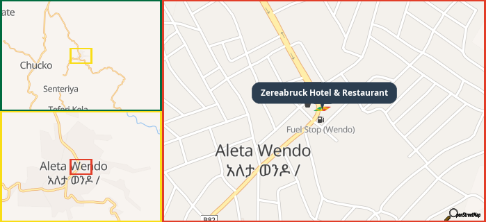 Map showing the address of Zereabruck Hotel & Restaurant in three different zoom levels.