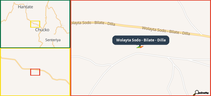 Map showing the address of Wolayta Sodo - Bilate - Dilla in three different zoom levels.