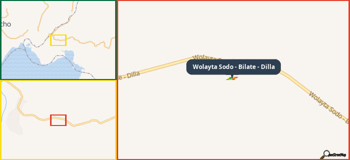 Map showing the address of Wolayta Sodo - Bilate - Dilla in three different zoom levels.