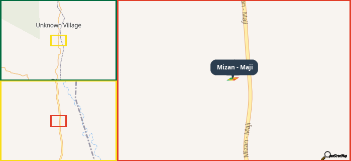 Map showing the address of Mizan - Maji in three different zoom levels.