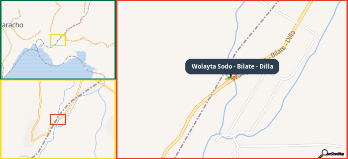 Map showing the address of Wolayta Sodo - Bilate - Dilla in three different zoom levels.