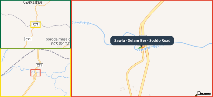 Map showing the address of Sawla - Selam Ber - Soddo Road in three different zoom levels.